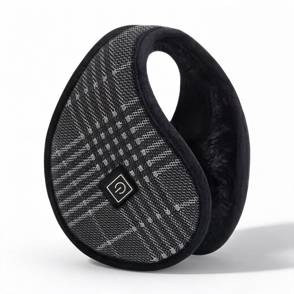 Cozzone heated earmuffs in black plaid, behind-the-neck design