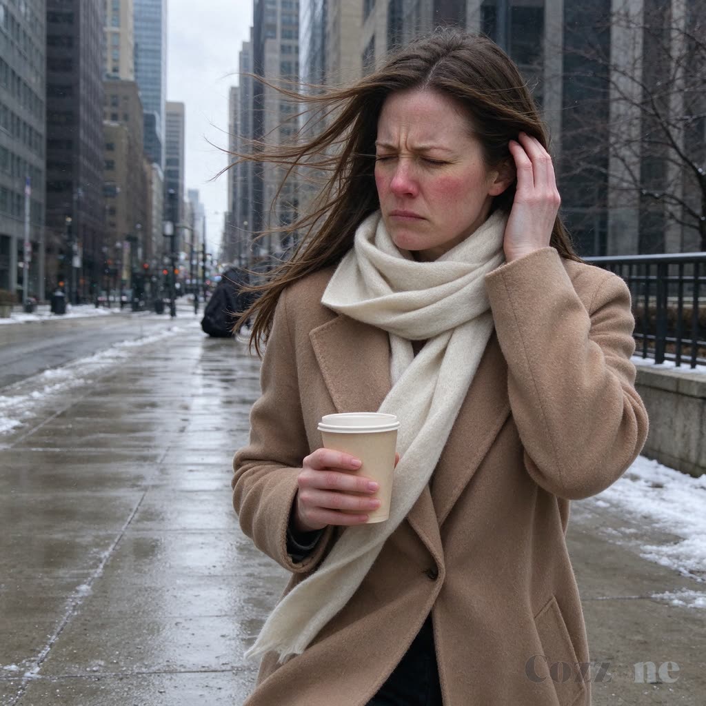 Woman covering her cold ear on a windy winter street