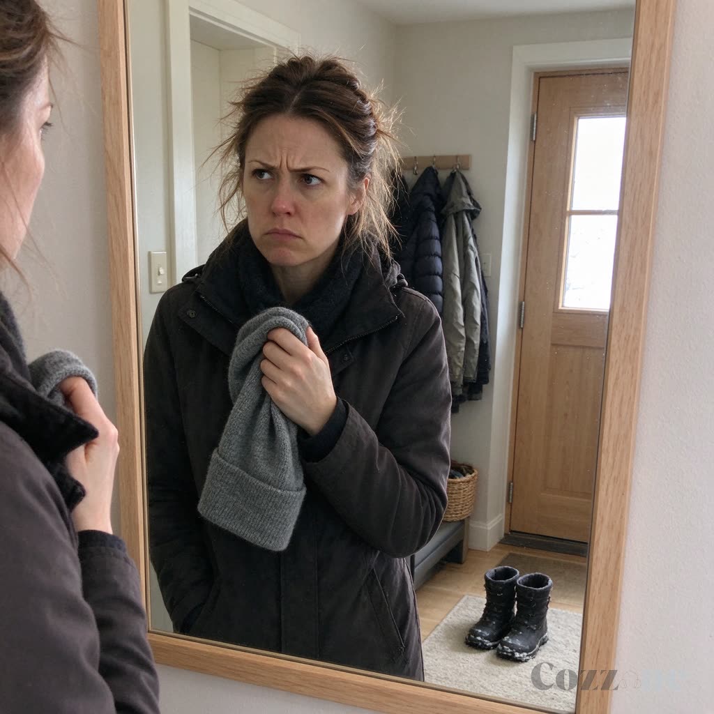 Woman with flattened hat hair in front of a mirror