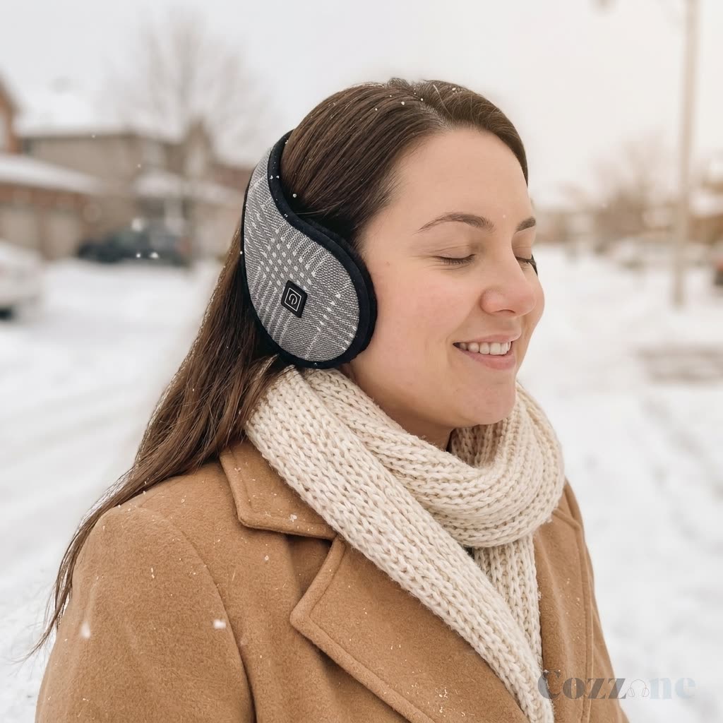 Woman smiling with warm ears wearing Cozzone heated earmuffs